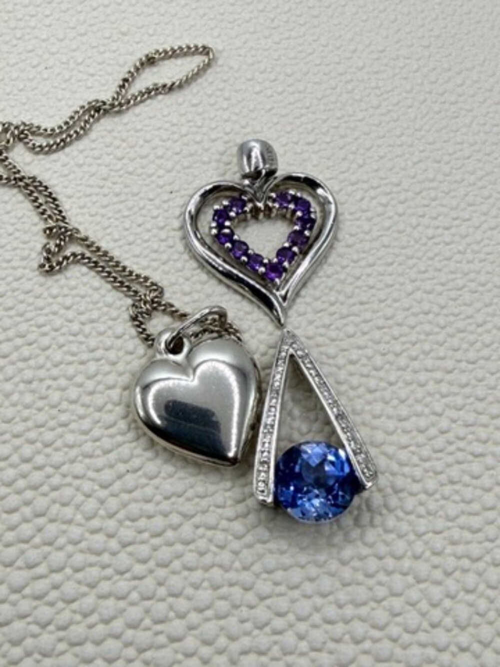 Sterling Silver Heart Pendant Bundle – Blue Topaz, Purple Heart & Plain Heart